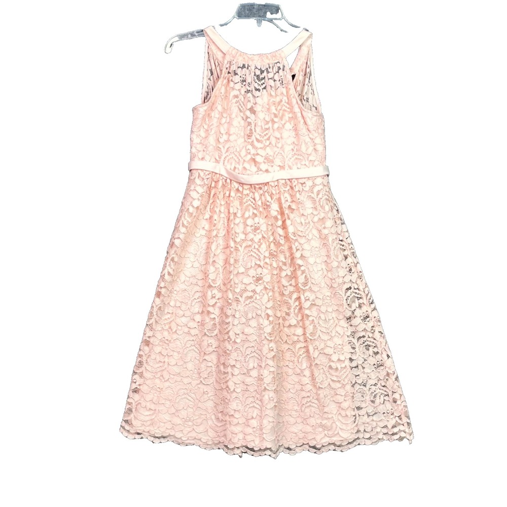 David's Bridal Dress Girls 16 Pink Floral Lace Nylon Halter Neck Cocktail Party